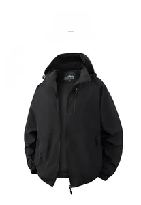 Detailed close-up of a black hooded windbreaker jacket with zipper pockets and mesh lining
