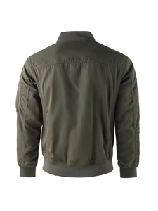 Rear view of an olive green bomber jacket with ribbed cuffs and utility sleeve pocket