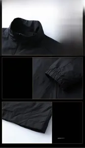 Detail view of stand-up collar, elastic cuffs, and hem of this men's black jacket