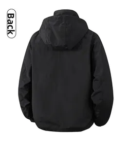Rear view of black hooded jacket with windproof fabric and elastic cuffs detail