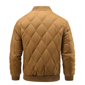 Back view of brown men's quilted bomber jacket showing detailed diamond stitch pattern