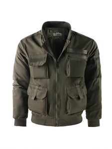 Men's army green tactical flight jacket with multi-pocket utility design and ribbed cuffs
