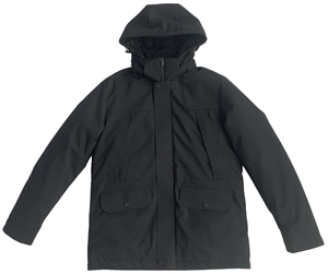Detail of black winter parka featuring double-closure windproof placket and utility pockets