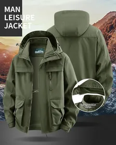 Men's green utility jacket featuring a detachable hood and breathable mesh lining details