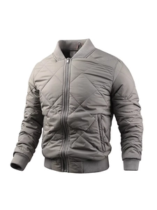 Men's grey quilted bomber jacket with standing collar and diamond stitched pattern