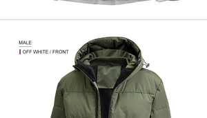 Detail view of military green quilted puffer jacket featuring adjustable drawstring hood