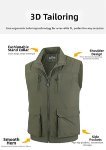 Detailed macro view of military green fishing vest with mesh lining and multiple pockets