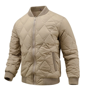 Close-up of khaki quilted jacket collar with ribbed trim and tricolor ribbon detail