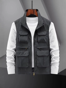 Gilet Cargo de Plein Air pour Hommes Multi-poches Col Montant Léger Pêche Randonnée Veste Sans Manches Gilet Utilitaire pour Hommes Décontracté