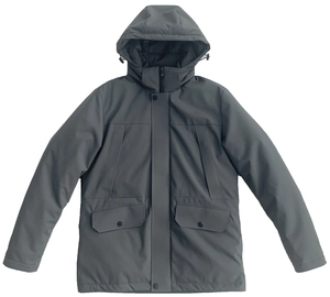 Detail of dark grey men's padded jacket with adjustable hood and large flap pockets