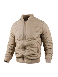 Classic men's khaki quilted bomber jacket with ribbed cuffs and stand collar