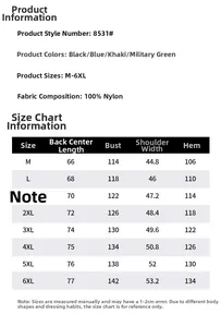 Size chart for outdoor fishing vest showing dimensions from M to 6XL in nylon fabric