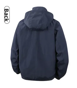 Rear view of a dark blue men's hooded jacket featuring windproof fabric and elastic cuffs