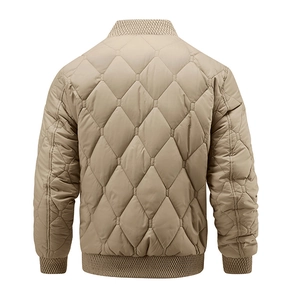 Back view of men's diamond quilted bomber jacket in khaki with ribbed knit cuffs