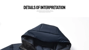 Detail of hooded winter jacket showing warm fleece lining and windproof navy blue fabric
