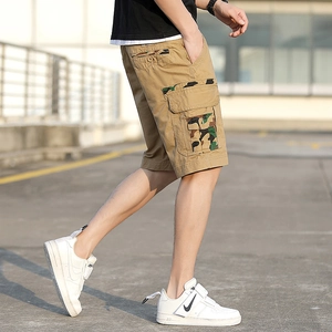 Men's khaki cargo shorts with camouflage pocket accents and a straight-leg fit
