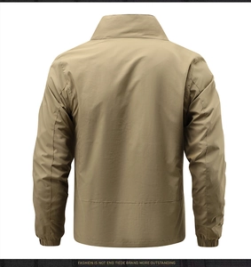 Back view of a khaki men's windbreaker jacket with stand collar and elastic cuffs