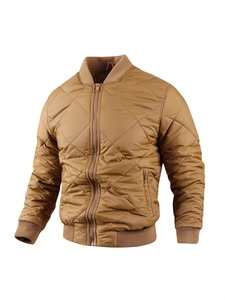 Men's khaki diamond quilted bomber jacket with ribbed cuffs and stand collar
