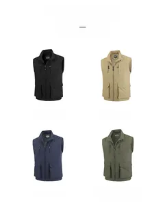 Detailed grid view of outdoor fishing vests in black, khaki, navy, and military green colors