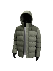 Men's winter padded mid-length jacket with green color-block design and hooded collar