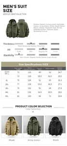 Size chart for men's hooded outdoor jacket with chest, length and sleeve measurements