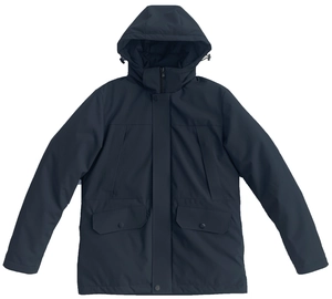Detail view of navy blue hooded puffer jacket with four functional pockets and windproof flap