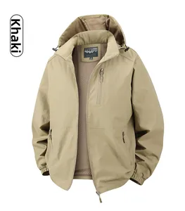 Detail view of khaki hooded jacket showing windproof fabric and breathable mesh lining