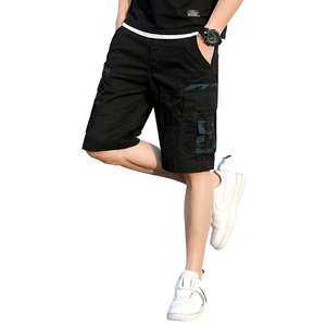Men's stylish black cargo shorts with dark camouflage patchwork and multi-pockets
