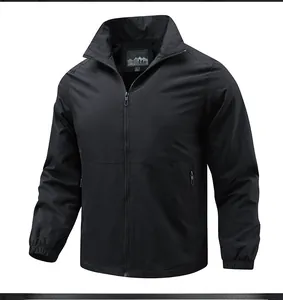 Close-up of black standing collar jacket featuring full-zip closure and elastic cuffs