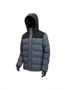 Men's winter padded jacket in grey and black color block with adjustable hood