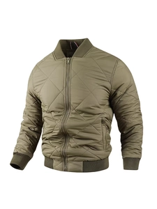 Front view of an olive green diamond quilted bomber jacket with ribbed cuffs and collar