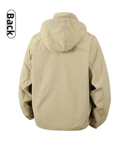 Rear view of a men's light khaki hooded jacket showing back seams and elastic cuffs