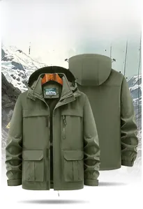 Detail view of army green hooded windbreaker with multiple pockets and breathable mesh lining