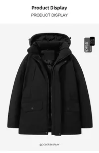 Detail view of black men's winter jacket with hood and large flap storage pockets