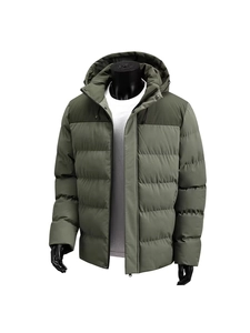 Men's thickened winter hooded jacket in dark green with quilted insulation and patchwork design