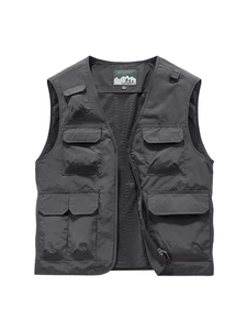 Gilet da pesca grigio scuro multitasche con scollo a V e fodera in rete traspirante ideale