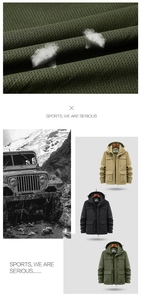 Macro shot of breathable mesh fabric on men's multi-pocket outdoor hooded jacket