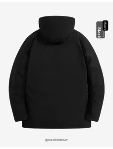 Detail view of the hooded structure and tailored sleeves on a black men's cotton jacket