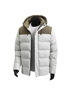 Men's thickened winter hooded jacket in white and olive green quilted patchwork design