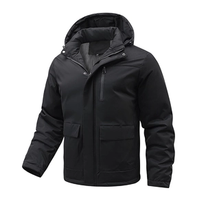 Men's black hooded parka jacket with detachable hood and warm insulated lining for winter