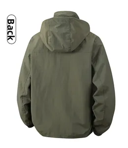 Back view of a men's olive green hooded jacket with elastic cuffs and hem detail
