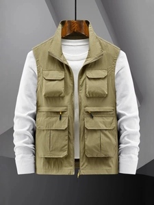 Gilet de travail extérieur pour hommes vert olive avec poches multiples et col montant