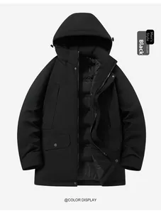 Close-up of black padded men's jacket with windproof hood and large flap pockets