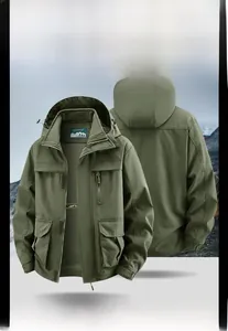 Detail of military green tactical jacket with multi-pockets and breathable mesh lining