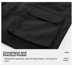 Detail of the high-density nylon vest showing durable zipper pocket and cargo storage
