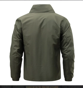 Back view of men's olive green outdoor jacket featuring stand collar and elastic cuffs