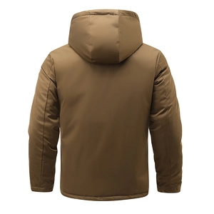 Back view of a tan hooded windproof jacket with matte fabric and detachable hood