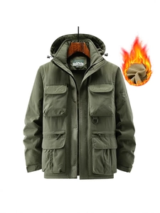 Men Winter Fleece Lined Cotton Jacket Detachable Hood Sleeves Tactical Multi Pocket Windproof Warm Outdoor Padded Coat Casual Overcoat
