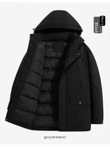 Detail view of men's black hooded puffer jacket featuring drawstring hood and zipper pockets