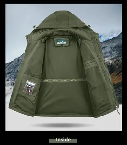 Detail view of military green jacket with breathable mesh lining and interior branding labels